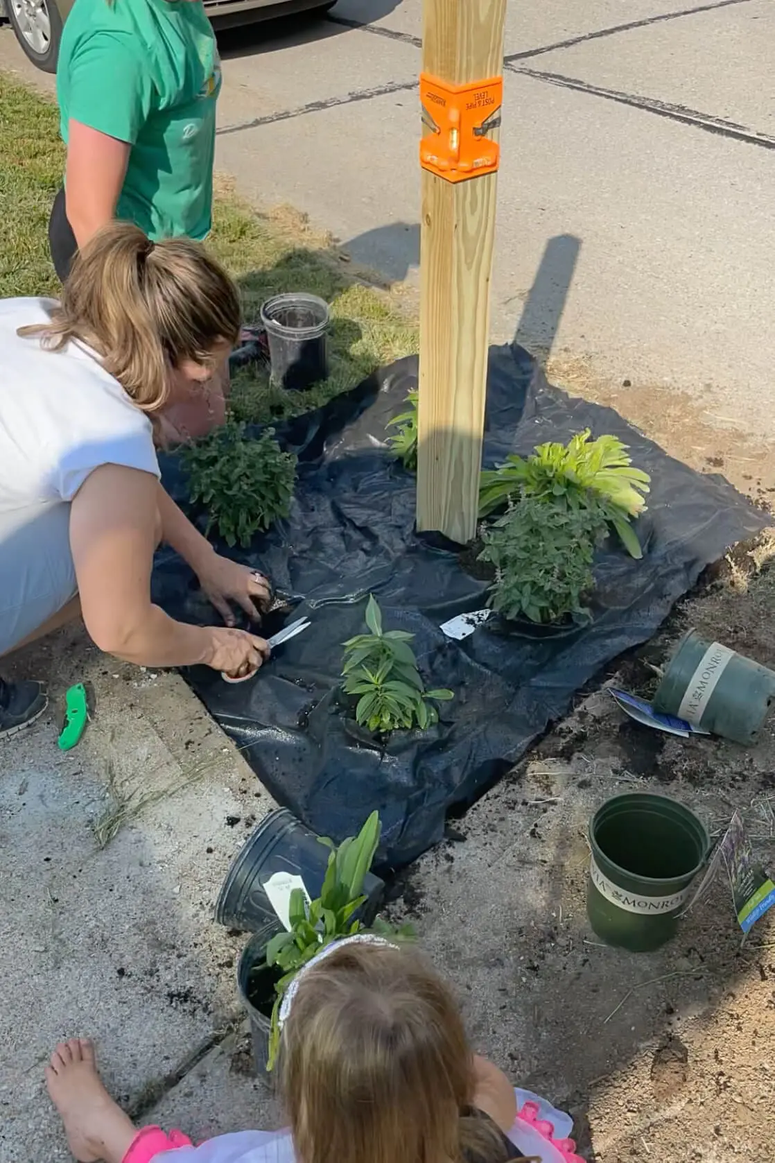 Adding plants to a flower bed for DIY mailbox makeover.